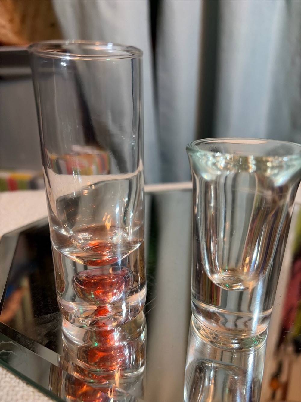 Vintage MCM Controlled Bubble Shot Glass 4.25" & Heavy Base Flared Shooter Pair